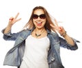 Successful girl gives thumb up with two hands Royalty Free Stock Photo