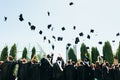 Successful graduates in academic dresses, toss up their hats, go Royalty Free Stock Photo