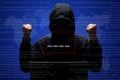 Successful hacker in black hoodie, being faceless, clenches fists, has success on stealing credit card, poses against digital inte