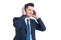 Successful handsome businessman listening and enjoying music on Royalty Free Stock Photo