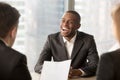 Successful happy black male candidate getting hired, got a job Royalty Free Stock Photo
