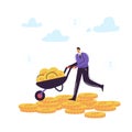 Successful Happy Businessman Character with Cart Full of Money. Wealth, Financial Success, Money Growth, Profit Concept