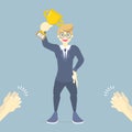 Successful and happy businessman, office worker holding trophy award and applause Royalty Free Stock Photo