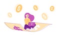 Successful Happy Businesswoman Flying on Money Carpet Working on Laptop with Dollar Coins around