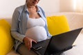 Successful hardworking Pregnant business Woman With Laptop and Noutbook. Young Ledy In Pregnancy Work conducts an online