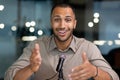 Successful hispanic man inside office looking at camera and talking on video twin inside office, businessman recording Royalty Free Stock Photo