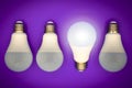 Successful idea, creativity and innovation concept. Lightbulbs upside down, one glows.