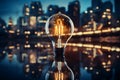 A successful idea depicted by a shining bulb against a business background