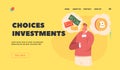 Successful Investment Choices Landing Page Template. Thoughtful Man Character Decide whether to Invest Money in Bitcoin