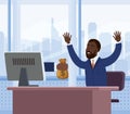 Successful joyful black businessman receives a bag of money from the computer screen. Earn money online, financial Royalty Free Stock Photo