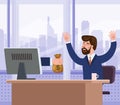 Successful joyful businessman receives a bag of money from the computer screen. Earn money online, financial success Royalty Free Stock Photo