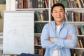 Successful Korean Teacher Man Posing Near Whiteboard Standing In Classroom