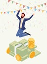 Successful male millionaire vector character. Happy jumping man, honorarium payee, businessman wearing suit, cash prize Royalty Free Stock Photo