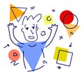 Successful man and geometric shapes. Funny modern joyful character. Abstract Figure Square, Circle and Triangle