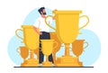 Successful man among his accomplishments and golden cups. Award goblets. Business victory. Male leadership. Businessman