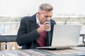 Successful man working in cafe. Good vibes. Modern life concept. Businessman out of office. Freelance and remote job Royalty Free Stock Photo