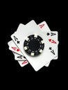 Successful and maximum win. Poker game with four of kind combination. Chips and cards on the black table