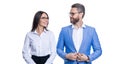 Successful partnership of businesspeople in suit. Business man and woman look in glasses. Businesspeople represent Royalty Free Stock Photo