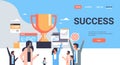 Successful people group stand winner cup trophy first place number one concept teamwork success flat horizontal copy Royalty Free Stock Photo