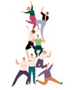 Successful people teamwork pyramid. Happy young human community support illustration, success casual cartoon crowd of