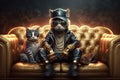 successful rapper boss with cat head in gangsta style with gold chains. Thug life character. Generative AI illustration