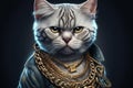 successful rapper boss with cat head in gangsta style with gold chains. Thug life character. Generative AI illustration