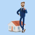 A successful realtor holds a key in his hand and sells, rents a house. Royalty Free Stock Photo