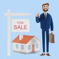 A successful realtor holds a key in his hand and sells, rents a house. Royalty Free Stock Photo