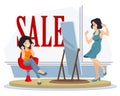 Successful shopping. Girl shows off purchase. Two cheerful girlfriend. Illustration for internet and mobile website