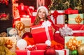 successful shopping on xmas market. decorated with gifts. shopping packages christmas sale. cheerful santa helper sort Royalty Free Stock Photo
