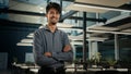 Successful smiling businessman indian arabian man posing in office with arms crossed. Confident male agent company owner Royalty Free Stock Photo