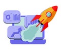 Successful start-up launch vector illustration. Space rocket flies up from laptop with graphs charts and diagram on screen flat Royalty Free Stock Photo