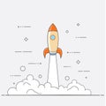 Successful startup business concept. Vector illustration with rocket launch and laptop on the background. Royalty Free Stock Photo