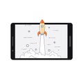 Successful startup business concept. Vector illustration with rocket launch and laptop on the background.