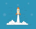 Successful startup business concept. Vector illustration with rocket launch and laptop on winter background. Royalty Free Stock Photo