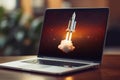 Successful Startup Concept Rocket Launching from Laptop Screen, Office Desk Background, Entrepreneurship Launch Success, Digital