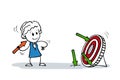 Successful stick business woman shoots arrows at target and misses. Cartoon stick figure woman smiling at difficulties