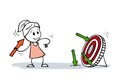 Successful stick woman shoots arrows at target and misses. Cartoon stick figure woman smiling at difficulties and does not lose