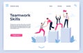 Successful team. Career development assistance, businessmen hold gold cup trophy and teamwork skills landing page vector