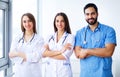 Successful team of medical doctors are looking at camera and smiling while standing in hospital Royalty Free Stock Photo