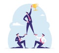 Successful Team Work Concept. Pyramid of Business People. Leader Holding Golden Goblet on Top. Leadership Royalty Free Stock Photo