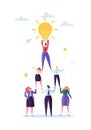 Successful Team Work Concept. Pyramid of Business People. Leader Holding Light Bulb on the Top. Leadership, Teamworking Royalty Free Stock Photo