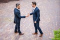 Successful teamwork. Business people shaking hands. Two businessmen shaking hands outdoors. Shaking hands. Management Royalty Free Stock Photo