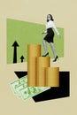 Successful trader woman climb up big gold money coins pile wealthy analyst accountant agent broker earn big salary