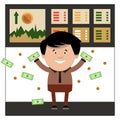 Successful trading on the stock exchange. The monitoring of indicators of value. Cartoon businessman at work. Vector illustration