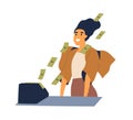 Successful woman with cash flow from calculating machine vector flat illustration. Rich female enjoy business earnings Royalty Free Stock Photo