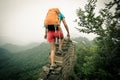 Woman hiker climbing up on the top of great wall Royalty Free Stock Photo