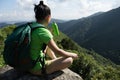 Woman hiker drinking water on hiking