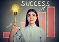 Successful woman looking up at idea light bulb with growing success chart Royalty Free Stock Photo