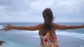 Successful young woman reached top of moutain. Girl rise her hands in the air. Royalty Free Stock Photo